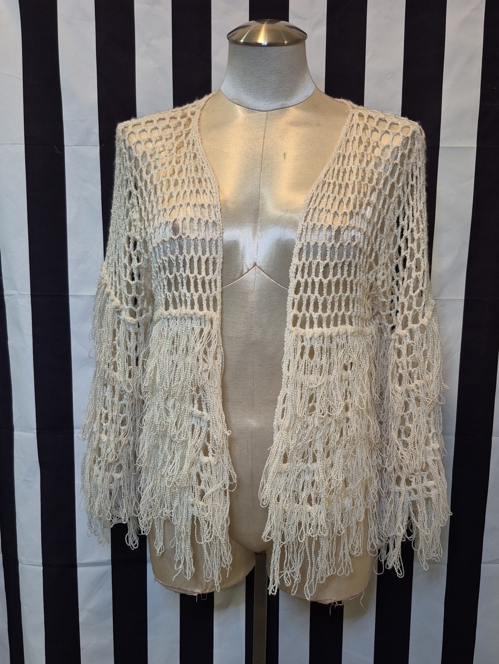 Open-Knit Fringe Cardigan Sweater - Cream